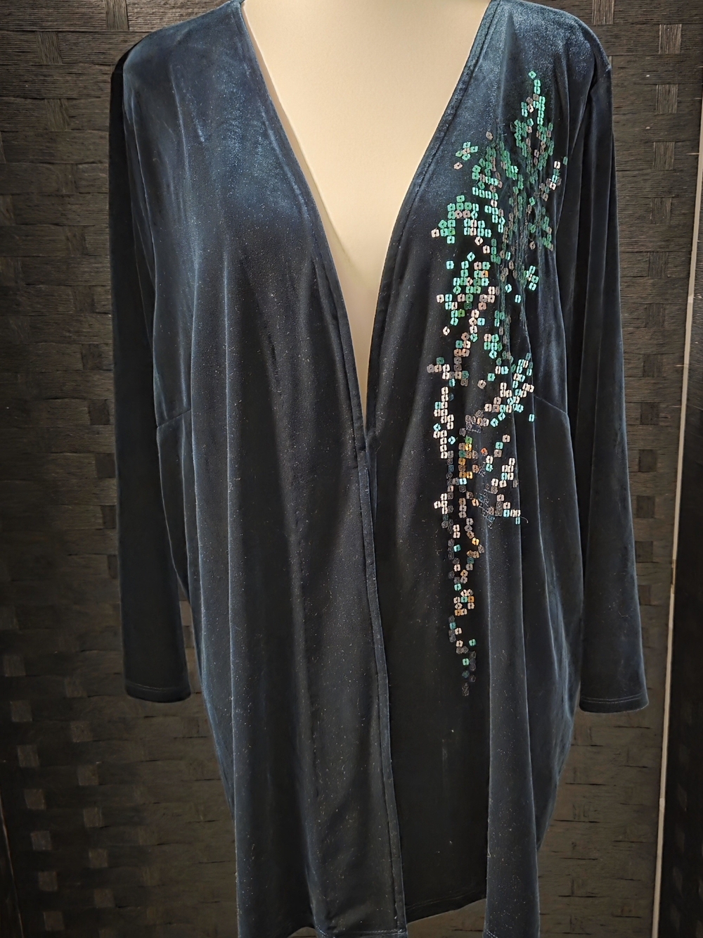 Bob Mackie Wearable Art Velvet Sequin Cardigan Forest Green Open Front - Size 2X